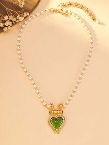 1pc French Vintage Faux Pearl Necklace, Luxury Purple & Green Heart Pendant Choker, Elegant Versatile Neck Chain For Women, Birthday Gift For Girlfriend - Multicolor - View 8
