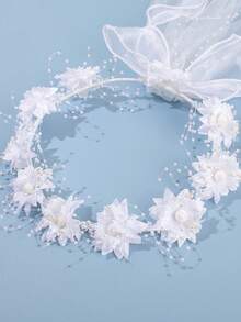 1Pc Bohemian Style Flower Pearl Veil, French Vintage Bridal Flower Crown, Wedding/Photoshoot/Vacation Head Accessory - Multicolor - View 3