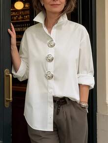 Women's Solid Color Button-Down Shirt, Elegant Fashion Casual Long Sleeve Lapel Collar Regular Top, White, Suitable For Spring And Autumn Daily Wear - White - View 2
