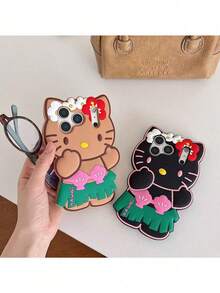 SANRIO Ins 3D 黑色毛絨裙 KT 貓風格 17/16ProMax 手機殼 全包覆矽膠款 相容 Apple 14Pro/13Pro/12/11pm/15plus 可愛卡通手機殼 防護軟殼 - 棕色 - 查看 2