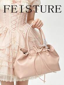 FEISTURE 1pc Solid Color Strap Shoulder Bag, Fashionable Handheld Bowknot Tote Bag, Suitable For Girls, Women, College Students, New Employees And White-Collar Workers, Perfect For Work, Business, Commute, School - Pink - View 5