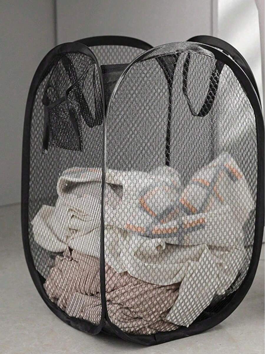 1pc Black And White Foldable Laundry Basket With Handles And Side Pockets, Large Capacity Pop-Up Laundry Cart Basket, Foldable Mesh Dirty Clothes Storage Basket With Handles, Please Check Size Label Before Purchase, Also Suitable For Bathrobe Storage, Valentine's Day Gift