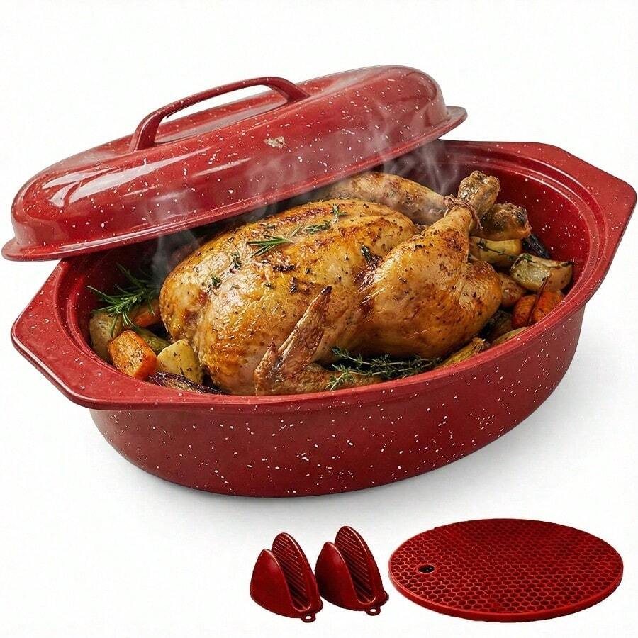 Oval Enamel Baking Pan/Pot With Black/Red Speckles. Professional Roasting Turkey And Beef Dish! High-Temperature Resistant, Oven Resistant, A Must-Have For Christmas And Thanksgiving Parties, Dishwasher - View 1