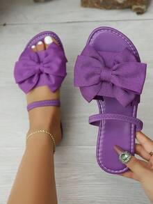 Women's Fashion Summer Leopard Print Bow Flat Sandals, Versatile Casual Vacation Beach Shoes, Elegant Footwear - Purple - View 3