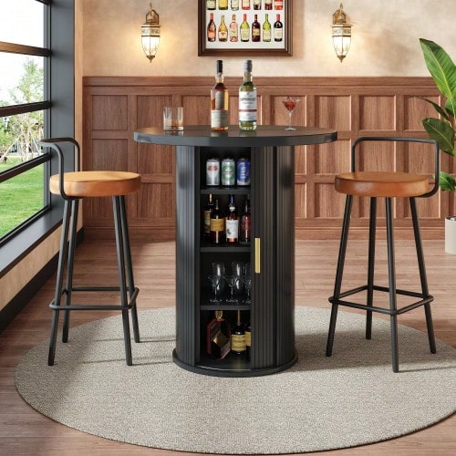 Round Bar Table With Storage, 91.6cm High Standing Table With Cabinet, MDF Wood Look, Load Capacity Up To 75kg, For Bar & Living Room - 黑色 - 查看 1
