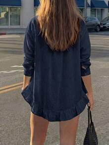 Women's Spring Casual Solid Color Front Button Ruffle Blouse Spring/Summer - Navy Blue - View 5