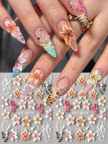 2件/組 5D 盛開木槿花春季美甲貼紙,果凍壓花花瓣法式線條珠飾美甲貼花,軟雕刻婚禮美甲用品 DIY 節日美甲裝飾 - 彩色 - 查看 4
