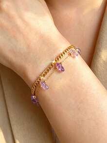 Light Luxury Purple Pendant Double Layer Bracelet 18K Gold Plated Cuban Chain Design Daily Commute / Date Versatile Niche Jewelry (Purple Pendant Size And Shape Vary Randomly) - Purple - View 2