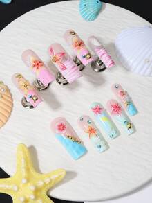 Change Your Nails 24片長款長方形海洋主題穿戴式假指甲，粉藍漸層3D海星與海豚美甲，夏日度假風，適合女孩日常/海邊/音樂節，附指甲銼刀+果凍膠組 - 彩色 - 查看 4