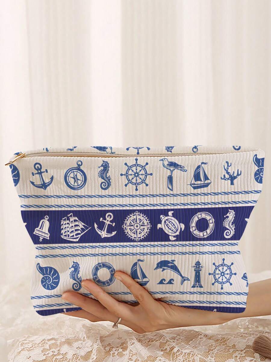 1pc Portable Cosmetic Storage Bag With Ocean Nautical Pattern Double-Sided Print Travel Zipper Makeup Pouch Multifunctional Toiletry Organizer - Multicolor - View 1