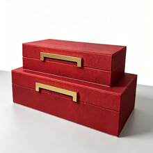 Set Of 2 Large Capacity PU Leather Jewelry Box With Handle, Black Shark Skin Rectangular Jewelry Organizer Vanity Storage Box For Dresser Room Decor Gift - Red - View 12
