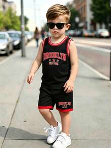 Young Boy Letter Pattern Tank Top And Shorts Casual Set - Black - View 1