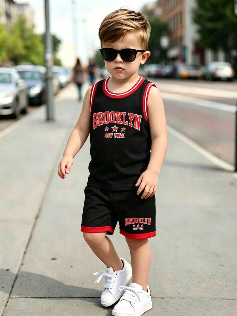 Young Boy Letter Pattern Tank Top And Shorts Casual Set - Black - View 1