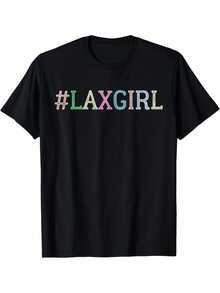 Camiseta Retro de Lacrosse para Mujeres LAXGIRL - Cuello Redondo y Manos Cortas Suaves, Letras Brillantes # LAX & Diseño del Palo Deportivo Casual Para Jugadoras, ¡Regalo Perfecta Todo-Tiemp - Negro - Ver 1