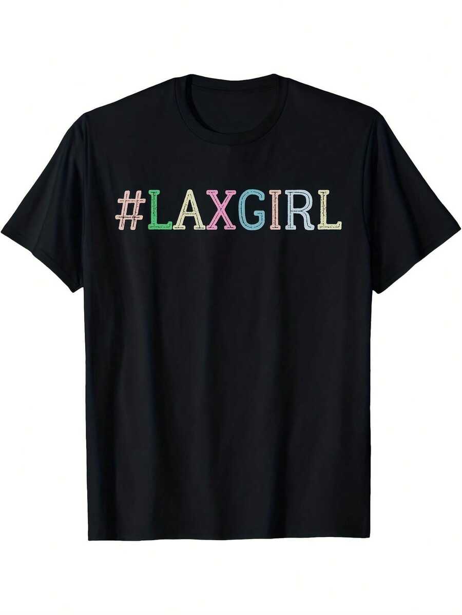 Camiseta Retro de Lacrosse para Mujeres LAXGIRL - Cuello Redondo y Manos Cortas Suaves, Letras Brillantes # LAX & Diseño del Palo Deportivo Casual Para Jugadoras, ¡Regalo Perfecta Todo-Tiemp - Negro - Ver 1