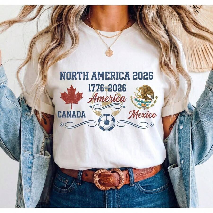 Camiseta Gráfica Retro de Fútbol 2026, para Fans de EE. UU., Canadá y México, Unisex - Blanco - Ver 1