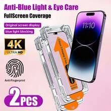 2pcs Full Coverage Anti-Blue Light Screen Protector With One-Click Dust-Free Installation Case, Compatible With 17 Pro Max/17 Pro/16/16 Plus/15 Pro/15/14/13/12/11/XR/XS Max | Ultra HD 9H Tempered Glass | Dynamic Island Compatible | Anti-Scratch Anti-Fingerprint | Compatible With Phone Case - Clear - View 7