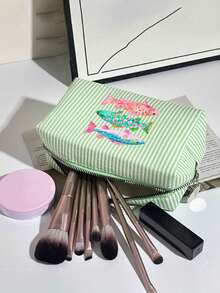 Seersucker Small Makeup Bag, Striped Embroidered Makeup Bag, Large Capacity Cosmetic Storage Bag, Travel Toiletry Bag, Perfect For Beach Trips, Swimming, Shopping And Daily Use, Suitable For Women, Travelers And Beach Lovers, Perfect For Spring Break, Easter, Mother's Day, Vacation And Gift Giving, Woven Material, Can Be Used As A Beach Bag, Shopping Bag And Travel Companion - Multicolor - View 5