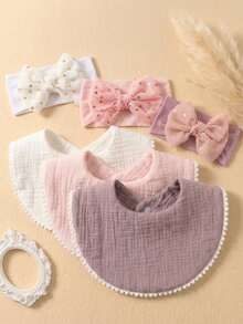 6pcs Baby Bow Headband & Bib Set, Ruched Lace Cute Infant Bibs & Drool Cloths, Sweet Newborn Styling Accessories, Suitable For Daily Use In All Seasons - Multicolor - View 6