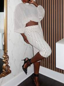DOUCIU 2pcs Polka Dot Long Sleeve High Neck Top & Knee-Length Pant Sets Night Club Style - White - View 3