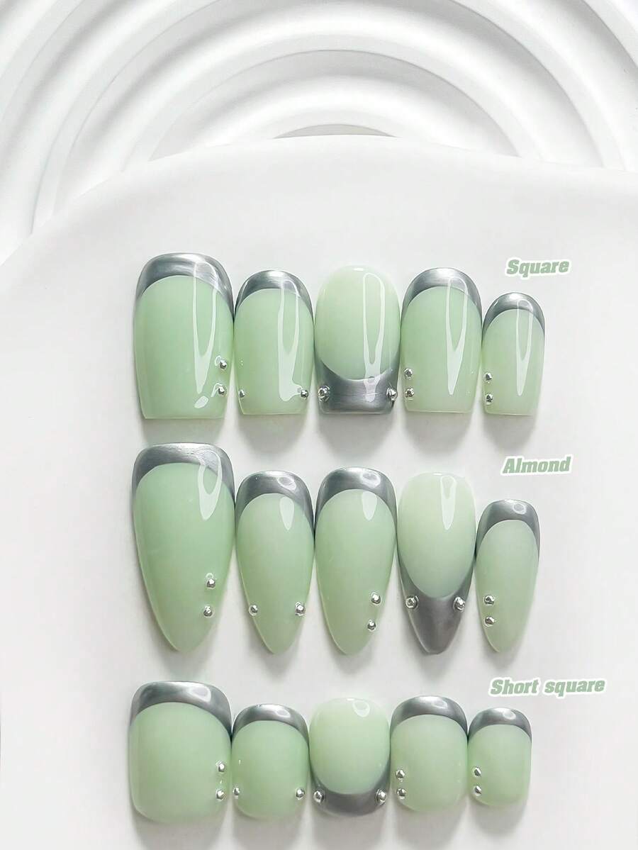 10片裝軟嫩清新手工穿戴甲,Poly Gel美甲套組,線條圖案綠色指甲油,酷帥前衛風格,附美甲工具,3種尺寸可選:方形、短方形、杏仁形,適合派對、跳舞、日常配戴 - 彩色 - 查看 1