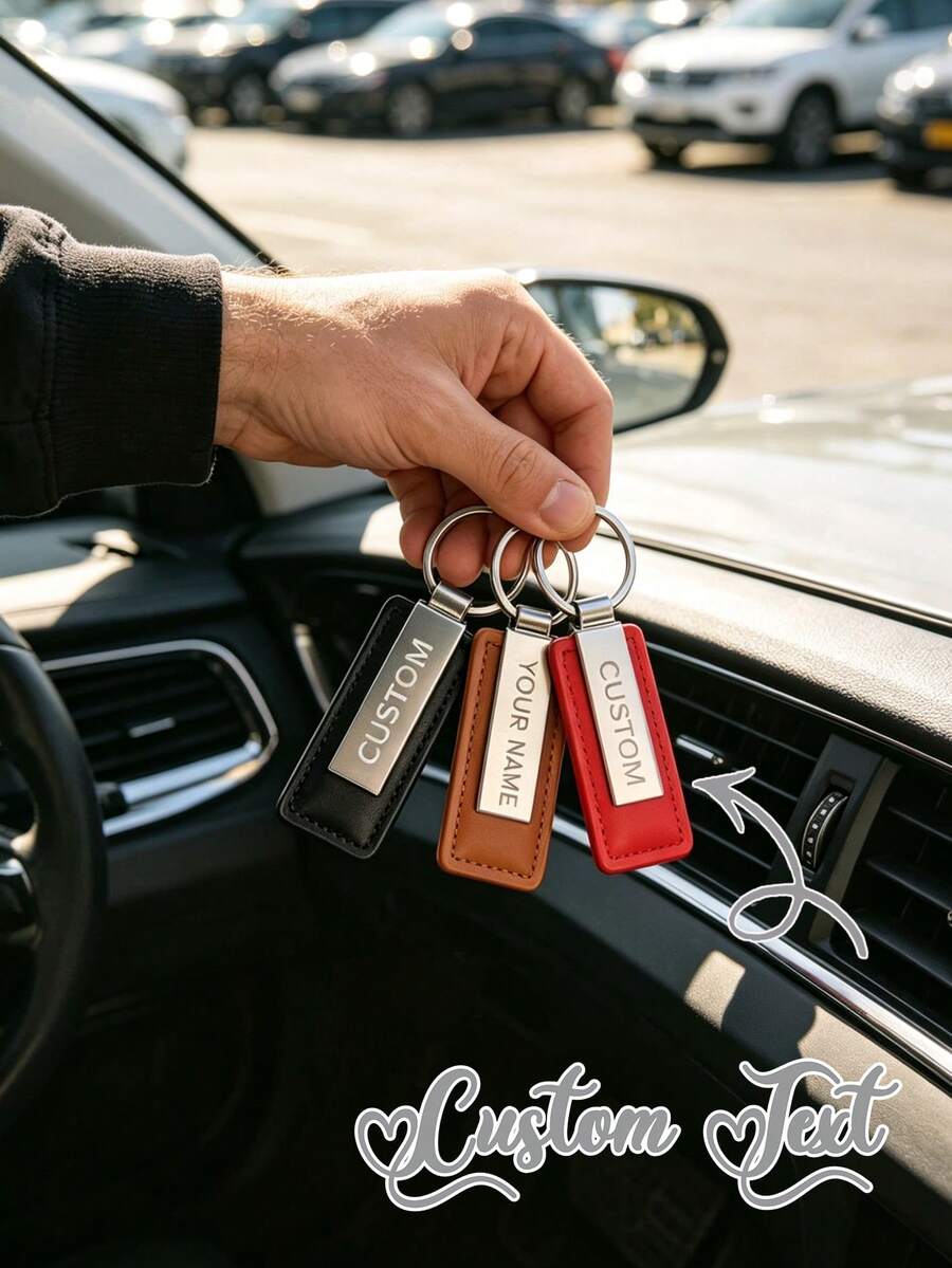 Personalized PU Leather Keychain, Customizable Engraving - Classic Car Key Fob - Ideal Gift - | Custom Text Metal Keychain Accessory - Multicolor - View 1