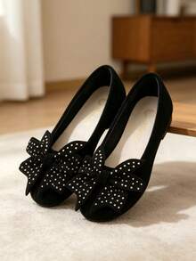 Children's Soft Sole Slip-On Casual Shoes With Large Bow Decoration - Black - View 4