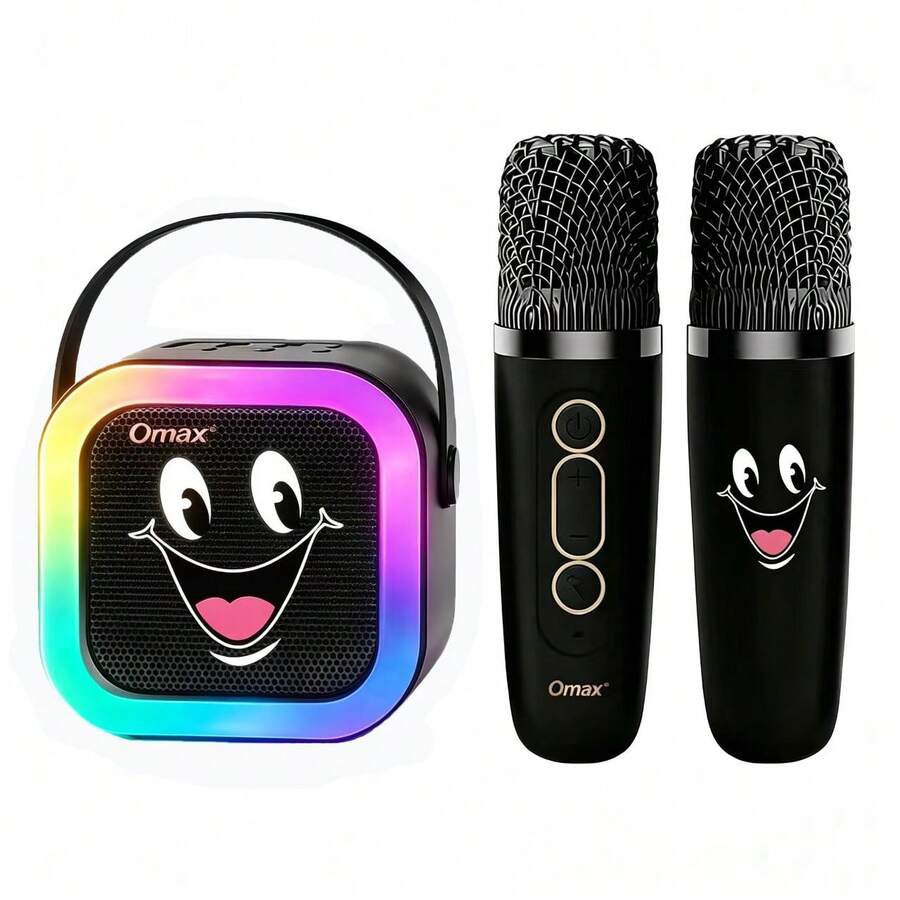 Omax K12 1-In-1/2-In-1 黑色笑臉便攜式卡拉OK喇叭,便攜式卡拉OK設備,藍牙手機連接,彩色氛圍燈,適合居家、戶外、派對卡拉OK,聖誕、節日、生日完美禮物,長效電池續航,喇叭電池 DC3.7V/800mAh,麥克風電池 DC3.7V/300mAh - 黑色1+2 - 查看 1