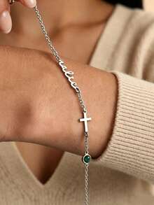 1pc Personalized Name Cross Bracelet With Birthstone, Delicate Gold Cross Bracelet, Mother's Day Gift, Customized Name Bracelet, Easter Gift, Personalized Gift, Customized Gift, Gift For Loved Ones, Gift For Partners, Personalized Birthday Flower, Anniversary Gift - Multicolor - View 11