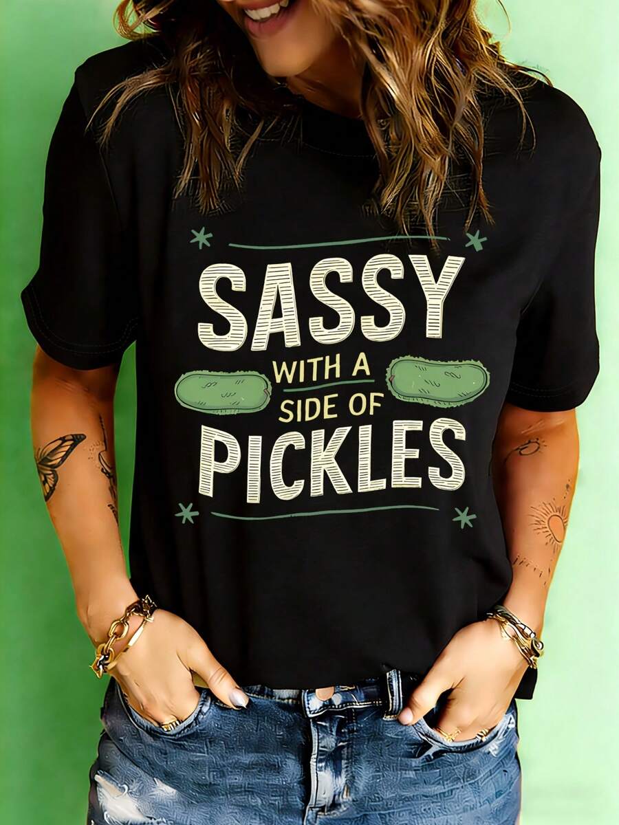 Simple And Versatile Design T-Shirt With Fun Pickle Print, Short Sleeve, Round Neck, Casual, Cotton For Women, Spring/Summer. - Hitam - View 1