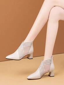 Gentle Intellectual Style Mesh Patchwork Pointed Toe Ankle Boots, Criss-Cross Lace-Up Hollow Design, Office Commute, Summer Date, Mature Style, Spring/Summer Breathable Mid-Heel Mesh Fashion Ankle Boots - White - View 9