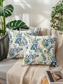 1/2pcs Vintage Blue Branch & Leaf Throw Pillow Cover, Blue-Green Gradient Leaf With Blue Small Flower, Versatile Decorative Cushion For Living Room & Bedroom, Pillow Insert Not Included - Multicolor - View 1
