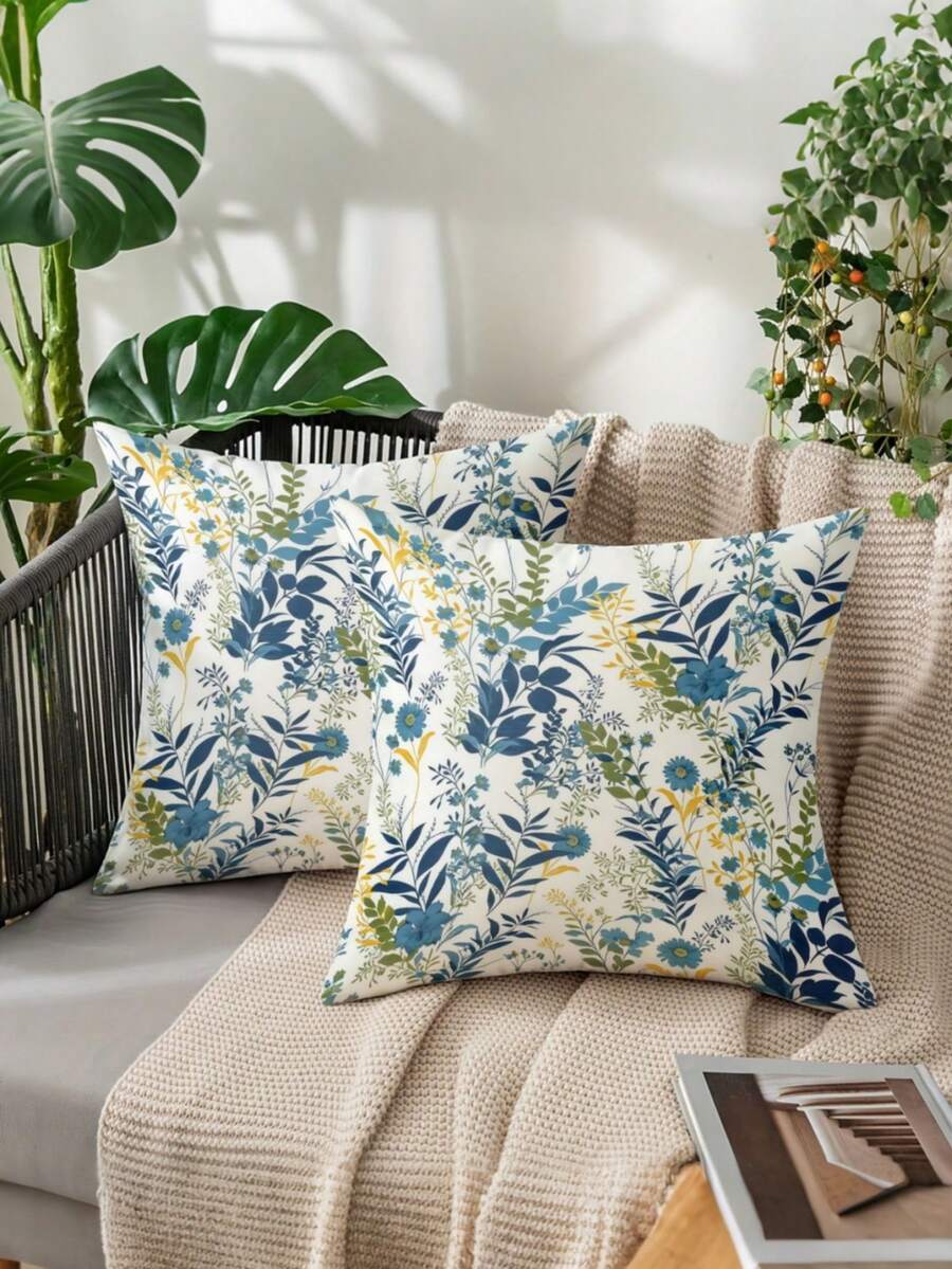 1/2pcs Vintage Blue Branch & Leaf Throw Pillow Cover, Blue-Green Gradient Leaf With Blue Small Flower, Versatile Decorative Cushion For Living Room & Bedroom, Pillow Insert Not Included - Multicolor - View 1