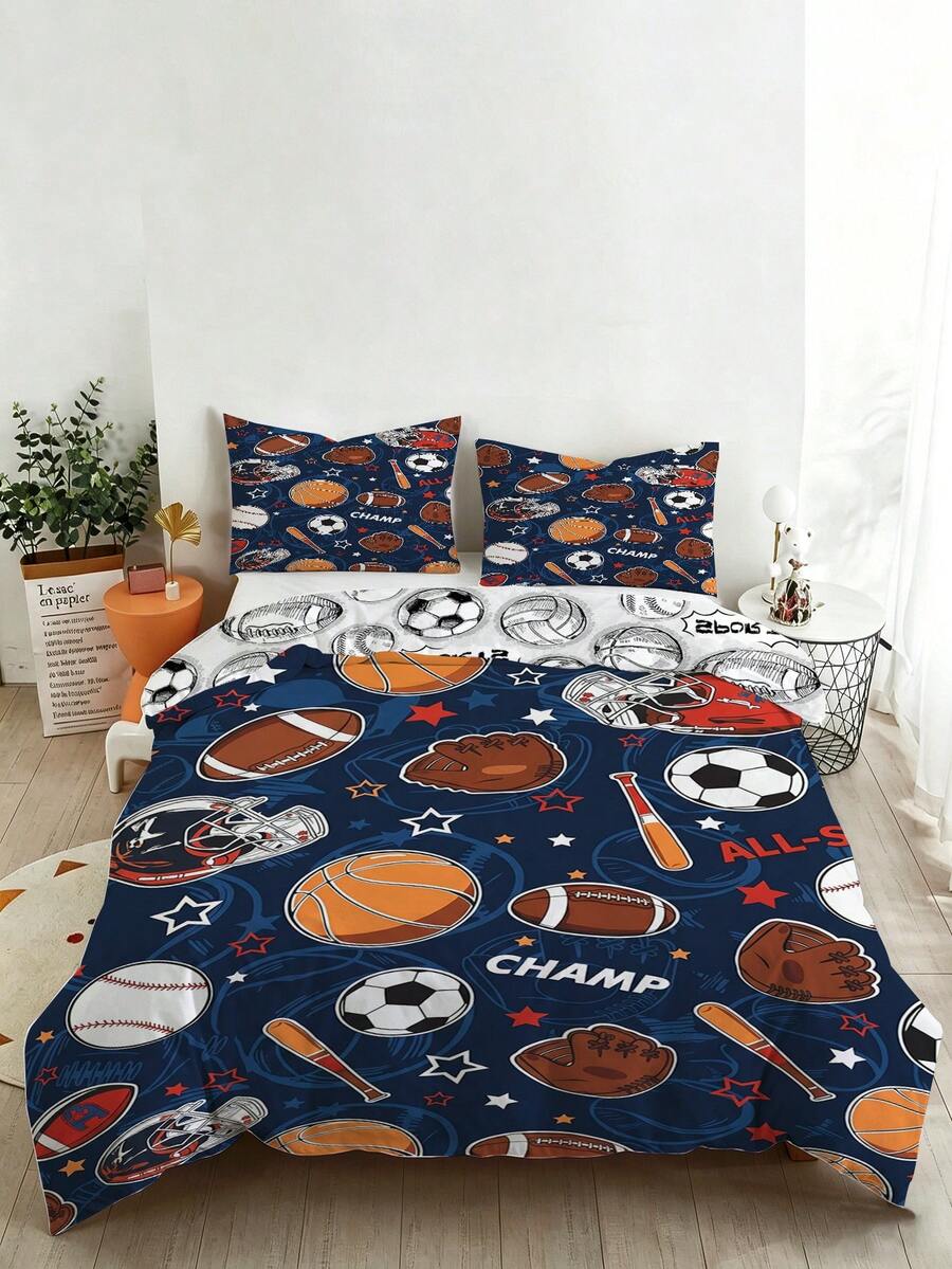 2/3-teiliges Sportfan-Bettwäscheset - Fußball, Basketball, Baseball, American Football Muster Bettbezug, Champion-Thema Bettwäsche, geeignet für Kinder, Jugendliche, Erwachsene, Jungen und Mädchen, Schlafzimmer (Doppel-/Voll-/Queen-Größe) - Verschiedenfarbig - Übersicht 1