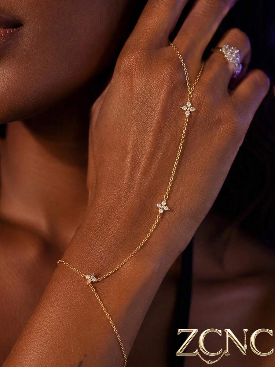 1-2pcs European & American Style Women's Luxury Sparkling Flower Finger Bracelet, Suitable For Nightclub, Party, Gathering, Gift For Girlfriend, Best Friend, Souvenir, Anniversary - Gold - View 1