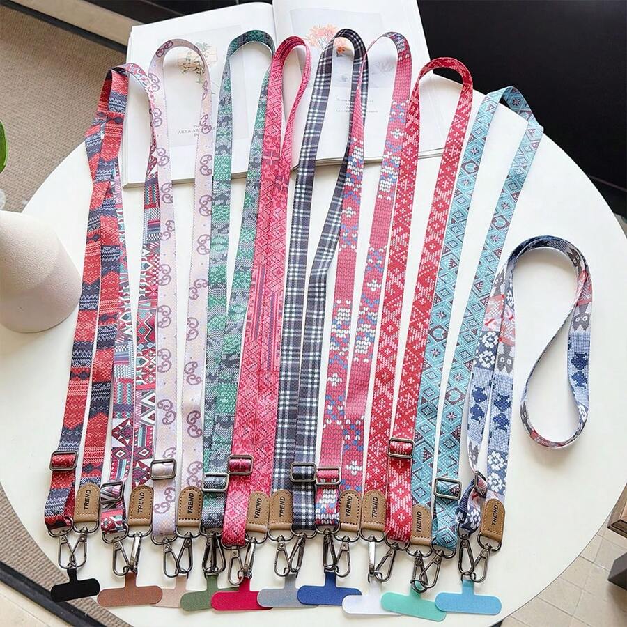 1pc Vintage Print Woven Phone Lanyard, Adjustable Crossbody Anti-Loss Chain With Leather Patch, Suitable For Keys And Cameras - Multicolor - View 1