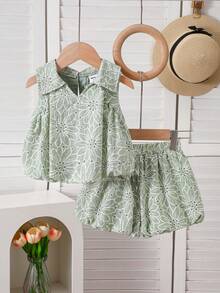 Baby Girl Summer Grass Green Floral Hollow Embroidery Sleeveless Collar Bud Set Pants - Green - View 1