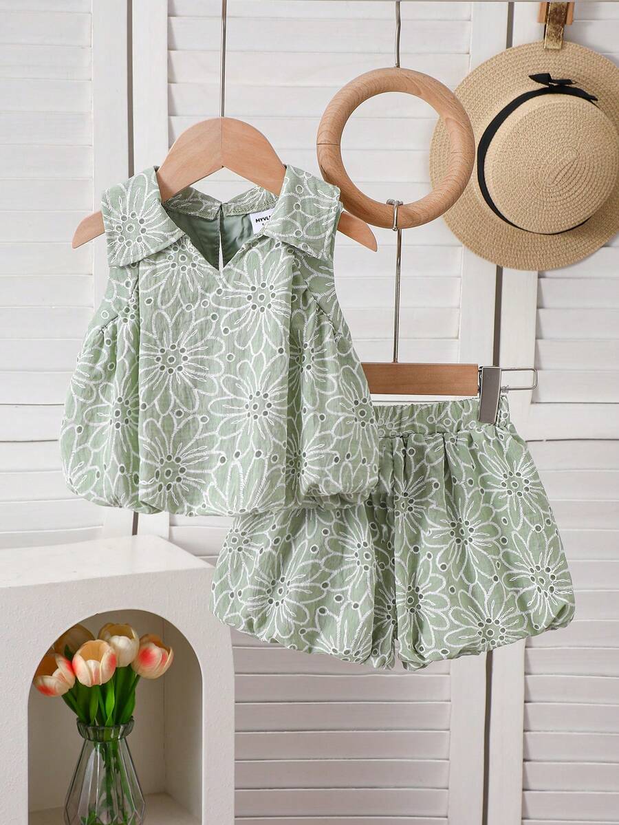 Baby Girl Summer Grass Green Floral Hollow Embroidery Sleeveless Collar Bud Set Pants - Green - View 1