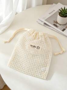 Lace Mesh Drawstring Bags Daisy Embroidered Storage Pouches Lightweight Portable Organizers For Travel Cosmetics Bag Beige Floral Design Makeup Bags - Beige - View 10
