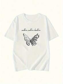 Camiseta con estampado de letras en forma de mariposa, top casual de manga corta y cuello redondo para primavera y verano, ropa de mujer. - Blanco - Ver 1