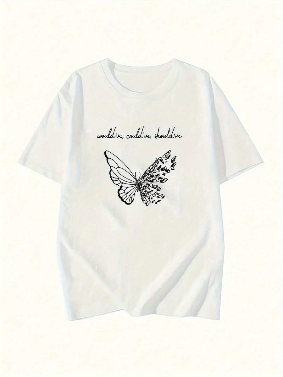 Camiseta con estampado de letras en forma de mariposa, top casual de manga corta y cuello redondo para primavera y verano, ropa de mujer. - Blanco - Ver 1