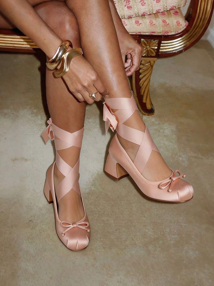 Women's Ballet High Heels Mary Janes Elegant Satin Lace Up Ballerina Chunky Heels Bow Knot Sweet Cute Party Date Versatile Shoes For Women - 杏色 - 查看 1