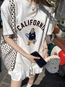 Women's Fashion Summer Round Neck Casual Versatile Letter & Cartoon Bear Print Short Sleeve T-Shirt - Light Gray - View 2