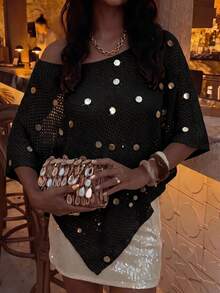 Summer New Beach Vacation Women's Knit Cover-Up, Solid Color Sequin Shawl, Semi-Sheer Knit Top - Black - View 11