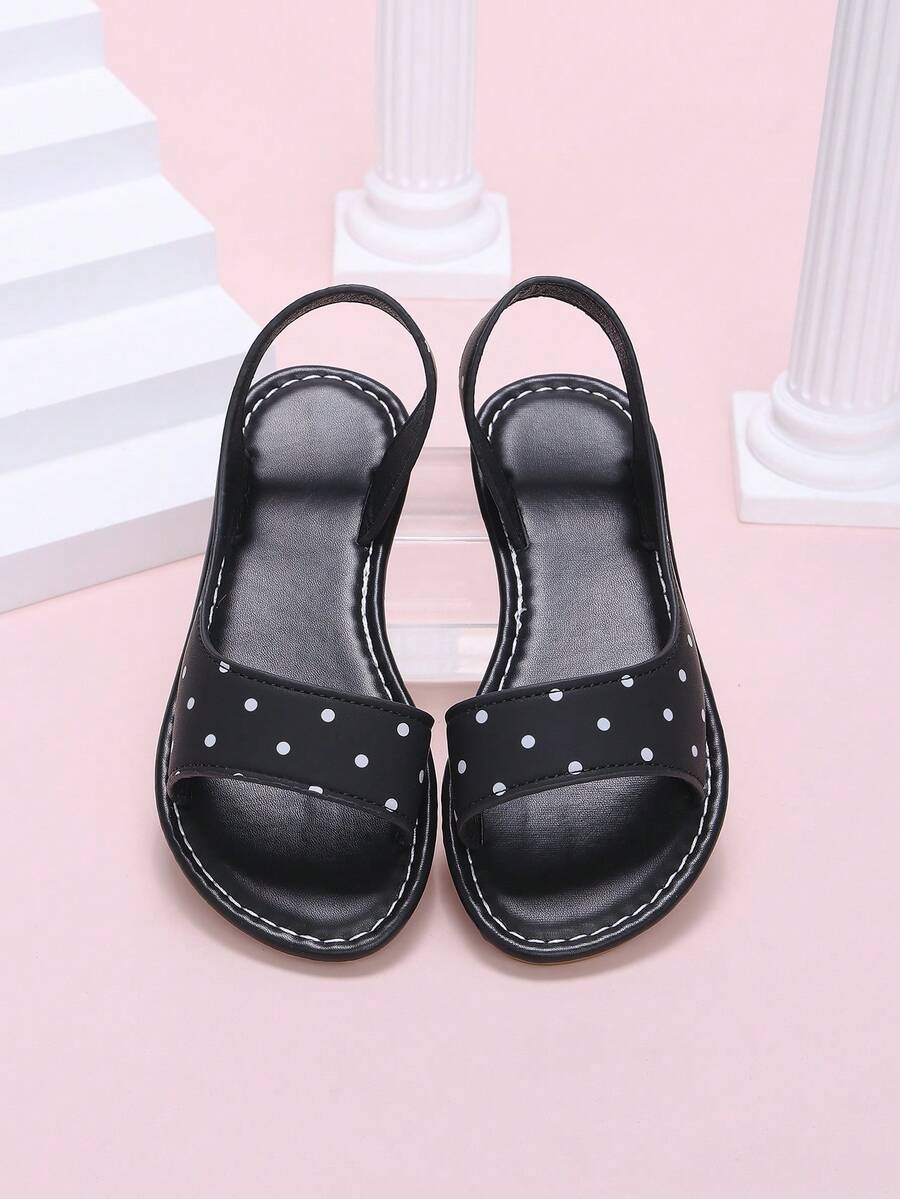 1 Paar süße weiße Punkt-Sommersandalen für Mädchen, Design mit seitlichen Ausschnitten, beige Kinder-Slip-On-Sandalen im Landhausstil, geeignet für Aufführungen, Partys, Zusammenkünfte, passende Outfits - Schwarz - Übersicht 1