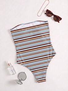 Damen gestreifter Patchwork Bandeau Badeanzug, geeignet für Strandurlaub, Pool-Party, Strandparty im Sommer - Verschiedenfarbig - Übersicht 4