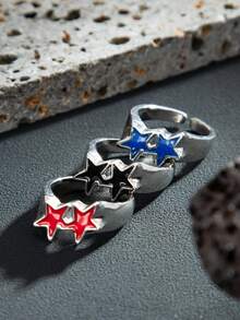1pc Y2K Style Double Star Enamel Open Ring, Silver Base With Colorful Stars, Adjustable Size, Punk Hip-Hop Style Statement Ring, Unisex - Oil-drip Five-pointed Star Open Ring - View 5