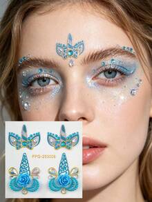 1pc Blue Unicorn Flower Face Rhinestone Sticker, Teardrop Colorful Rhinestone + Flower Style, Waterproof Long-Lasting Brow Center Sticker, Music Festival Party / Sweet Cool Hot Girl Makeup Accent - Multicolor - View 13