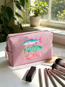 Seersucker Small Makeup Bag, Striped Embroidered Makeup Bag, Large Capacity Cosmetic Storage Bag, Travel Toiletry Bag, Perfect For Beach Trips, Swimming, Shopping And Daily Use, Suitable For Women, Travelers And Beach Lovers, Perfect For Spring Break, Easter, Mother's Day, Vacation And Gift Giving, Woven Material, Can Be Used As A Beach Bag, Shopping Bag And Travel Companion - Multicolor - View 12