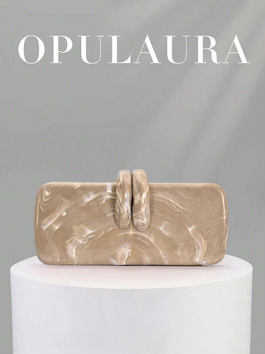 OpulAura 1個歐美風女款壓克力晚宴手拿包，方盒設計配兔子牙扣，適合派對、婚禮、情人節，隨機圖案 - 杏色 - 查看 1